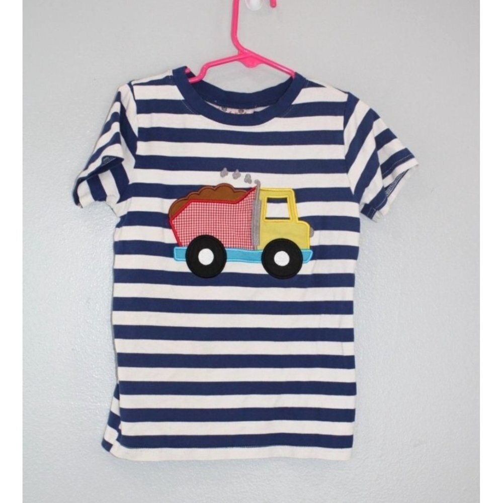 Smock Monkey Shirt Boys Size 6 Blue White Striped Short Sleeve Construction Truc